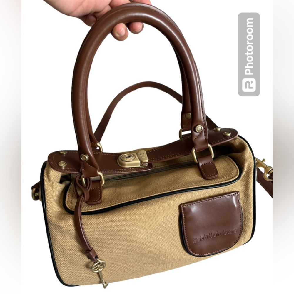 Calvin Klein Canvas & Leather Lock & Key Satchel Shoulder Bag Brown